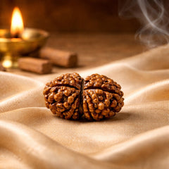 Close-up of a Rudraksha bead with a crack in the center, placed on a golden fabric with a lit oil lamp and cinnamon sticks in the background, creating a spiritual atmosphere.