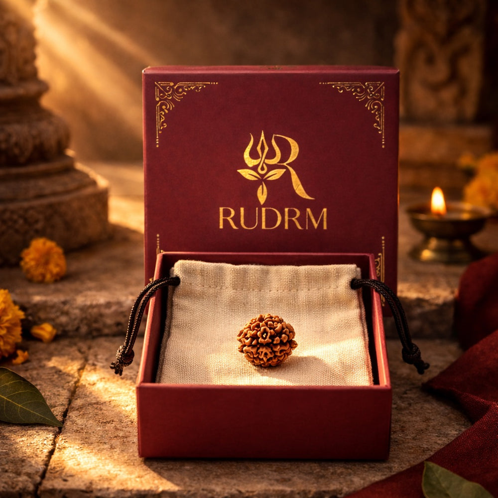 Rudraksha bead placed inside a velvet-lined box with the 'RUDRM' logo, accompanied by a lit oil lamp and marigold flowers, creating a spiritual ambiance.