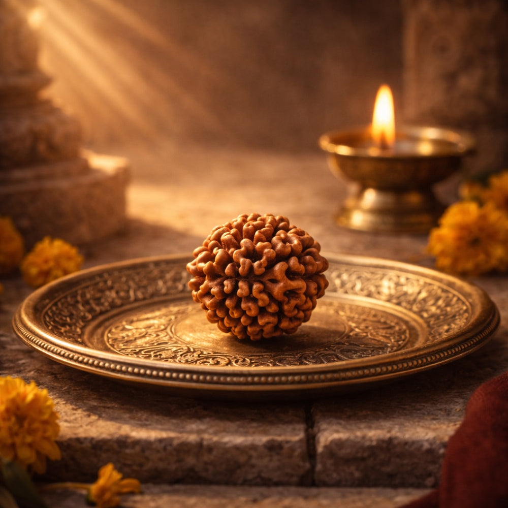 Rudraksha bead placed on a decorative silver plate with a lit oil lamp and marigold flowers in the background, creating a spiritual and serene atmosphere.
