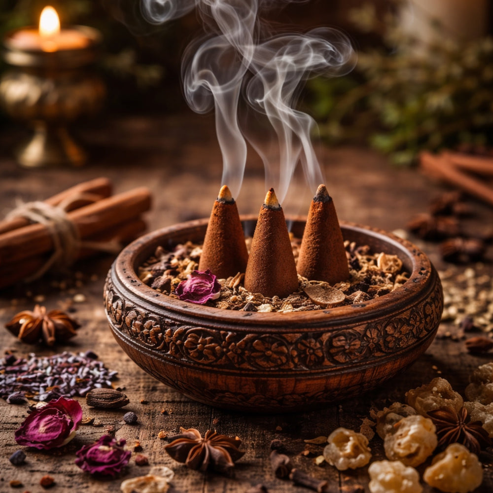 Three incense cones releasing fragrant smoke, placed in a carved wooden bowl filled with aromatic spices, herbs, and dried rose petals, accompanied by cinnamon sticks, star anise, and a lit candle in the background.