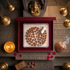 Rudraksha mala with silver accents, placed inside a maroon box, surrounded by rose petals, lit diyas, incense smoke, and a small Ganesha idol in the background, set on an ornate stone surface.