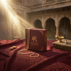 "Rudraksha mala draped over a 'Rudrm' branded box with a golden diya and incense holder, set on a maroon textured fabric with sunlight streaming through an archway in the background."