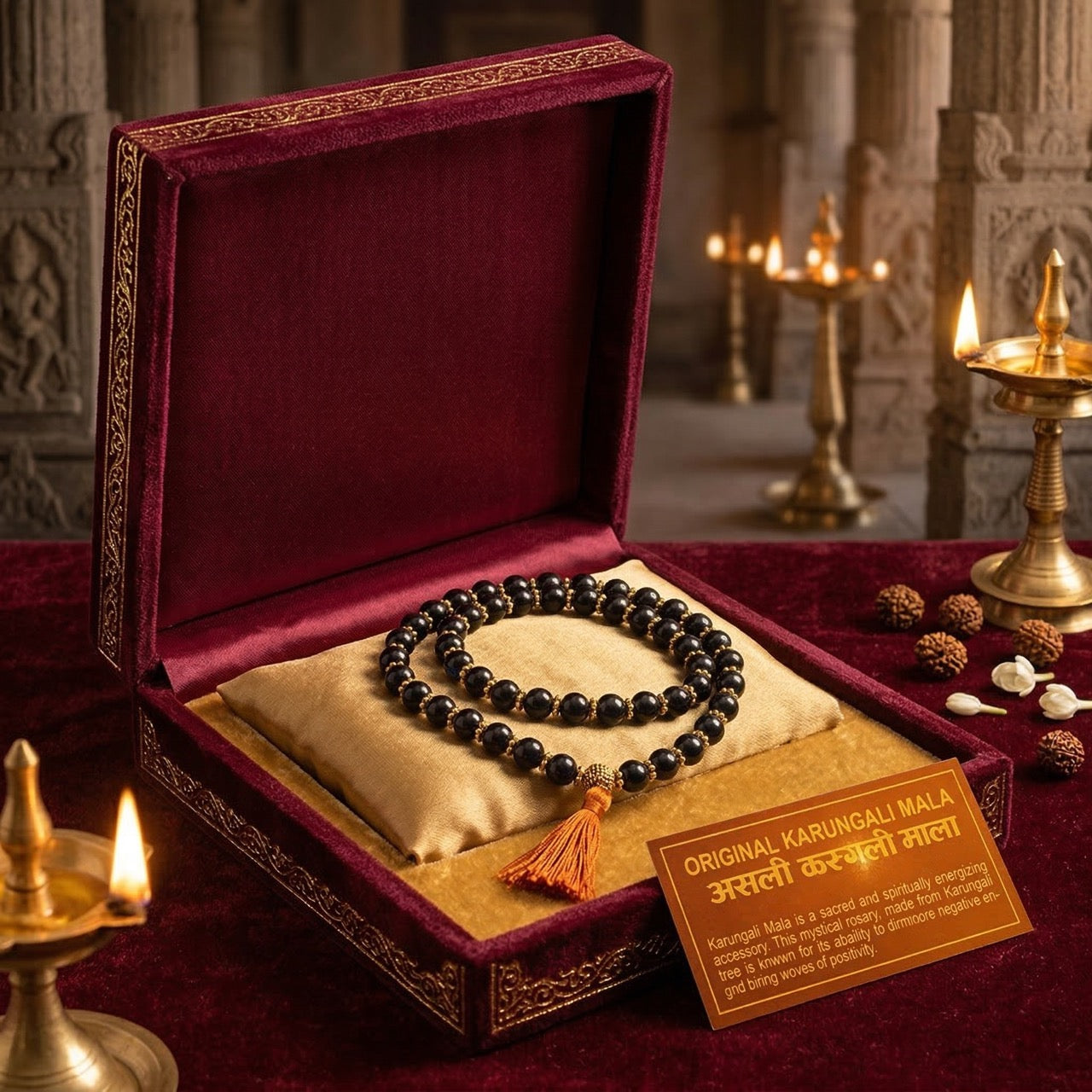 Original Karungali Mala in a velvet box with a golden cushion, featuring black beads and a tassel. The background includes lit oil lamps and Rudraksha beads.