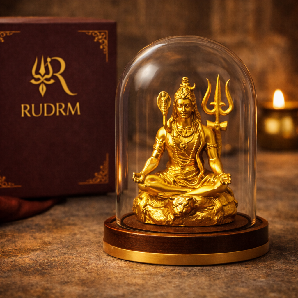 Golden statue of Lord Shiva under a glass dome, placed next to a 'Rudrm' branded box, with a lit diya in the background.