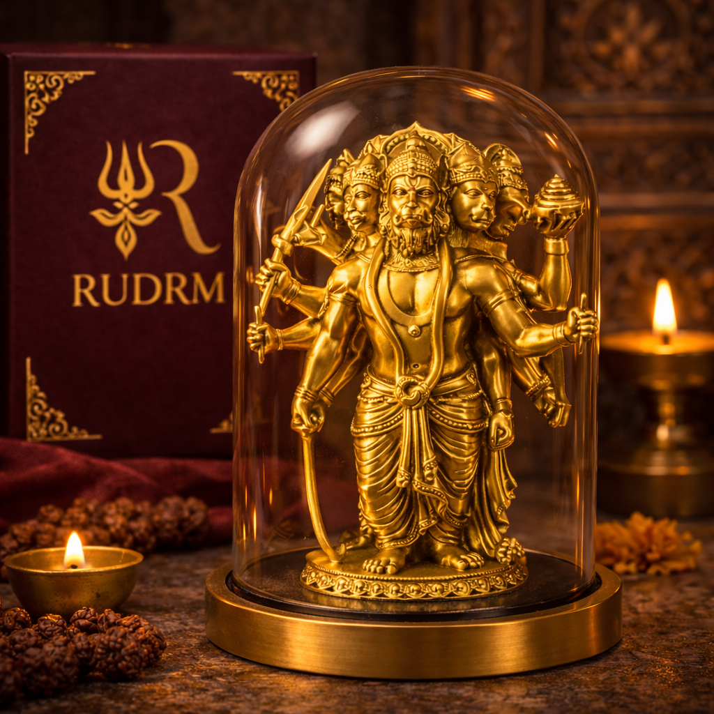 Golden statue of Lord Hanuman with multiple heads and arms under a glass dome, placed next to a 'Rudrm' branded box, with a lit diya and rudraksha beads in the background.