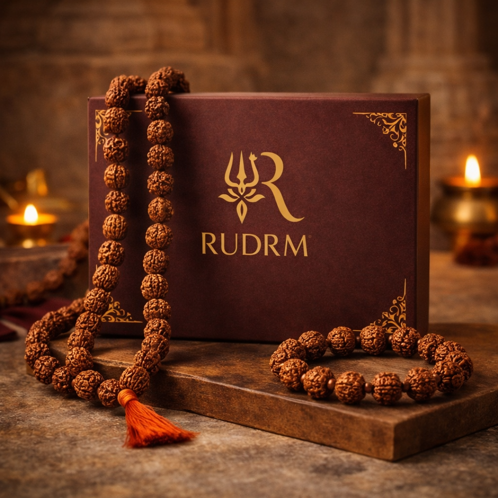 Rudraksha mala with a red tassel, placed beside a 'Rudrm' branded box, with a lit diya in the background.