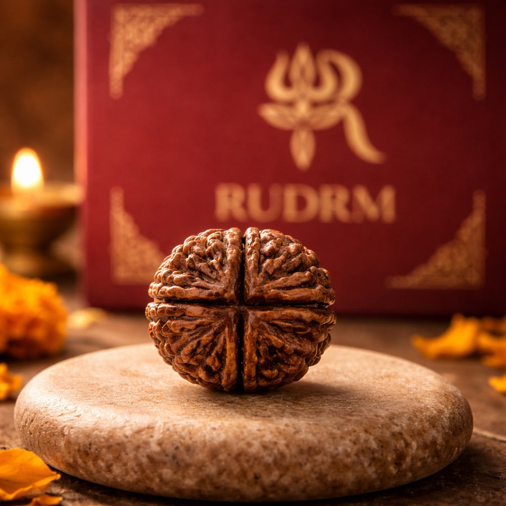 Rudraksha bead placed on a stone surface with the 'RUDRM' logo in the background, accompanied by a lit oil lamp and marigold petals, creating a peaceful and spiritual ambiance.