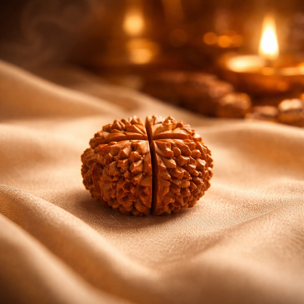 Close-up of a Rudraksha bead placed on a golden fabric with a lit oil lamp in the background, creating a peaceful and spiritual atmosphere.