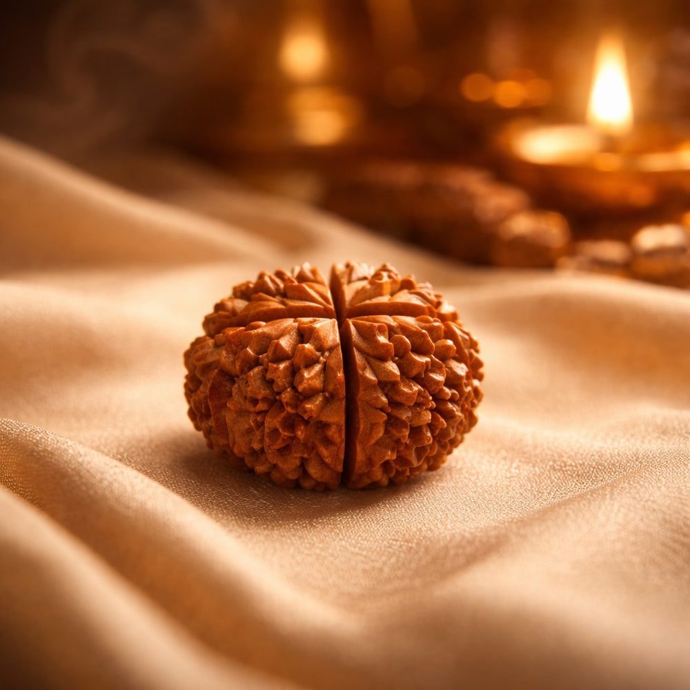 Close-up of a Rudraksha bead placed on a golden fabric with a lit oil lamp in the background, creating a peaceful and spiritual atmosphere.
