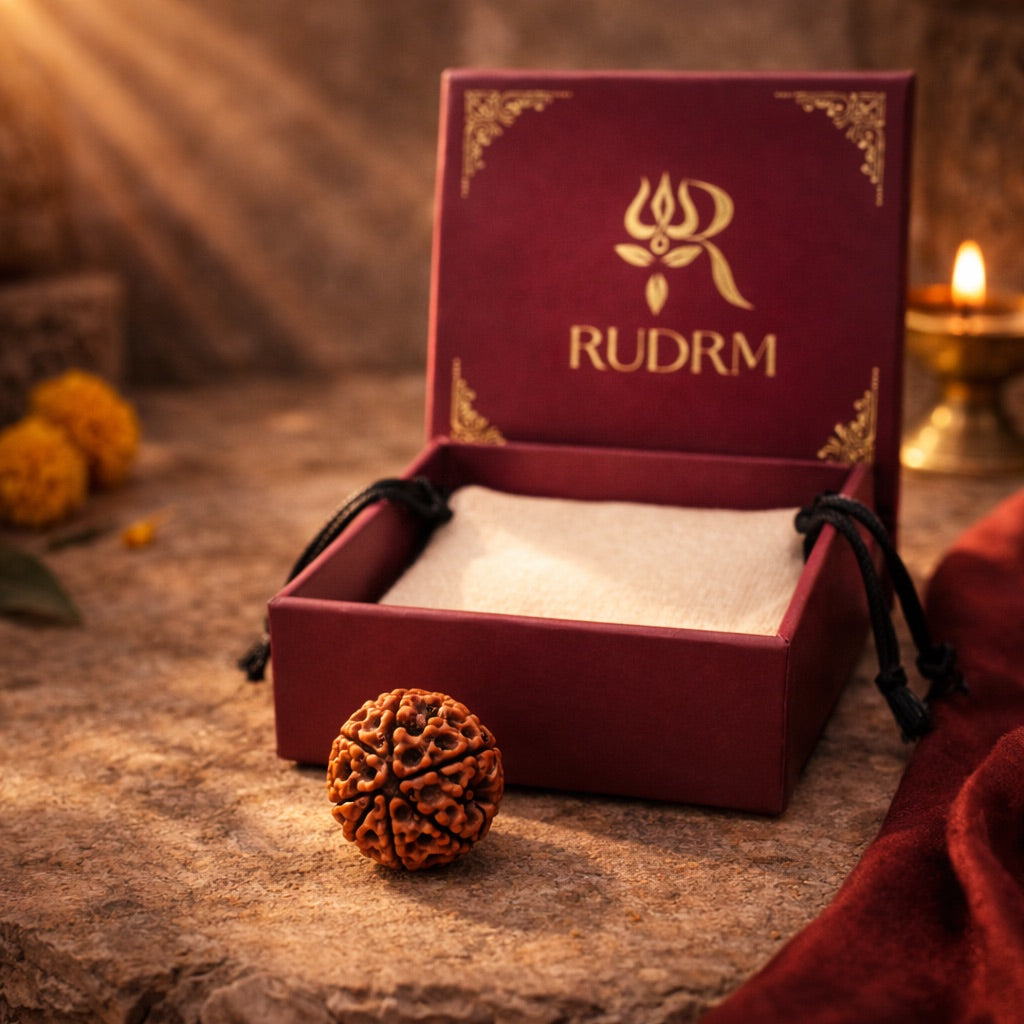 Rudraksha bead placed beside a maroon box with the 'RUDRM' logo, set on a stone surface with a lit oil lamp and marigold flowers in the background, creating a spiritual and serene setting.