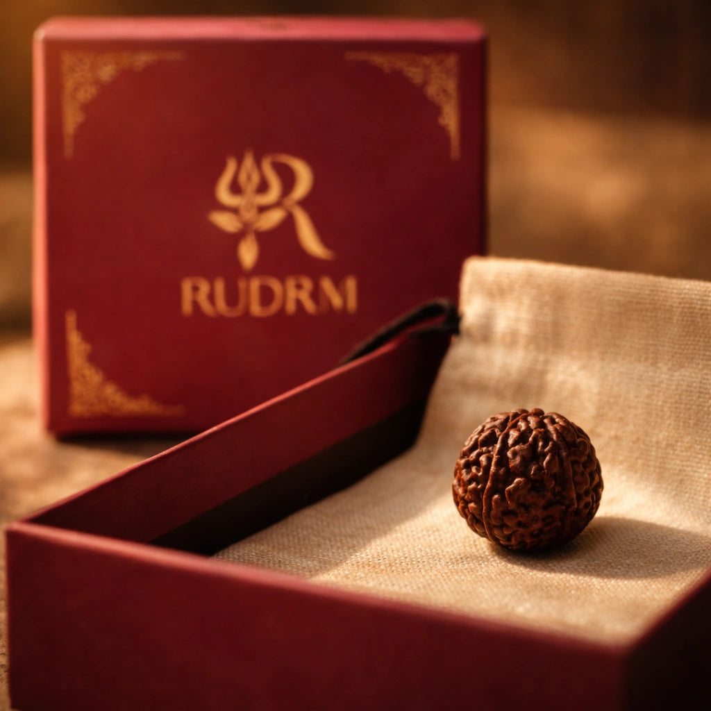 Rudraksha bead placed inside a maroon 'RUDRM' box on a beige fabric cushion, with a blurred background creating a serene and spiritual atmosphere.