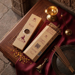 A box of Rudrm incense sticks placed on a wooden table, with incense sticks scattered around and a lit incense holder on the side. The packaging features a portrait of Dr. Mahant Gourav Sharma, with petals of yellow flowers scattered nearby. A brass bell is also placed next to the incense.