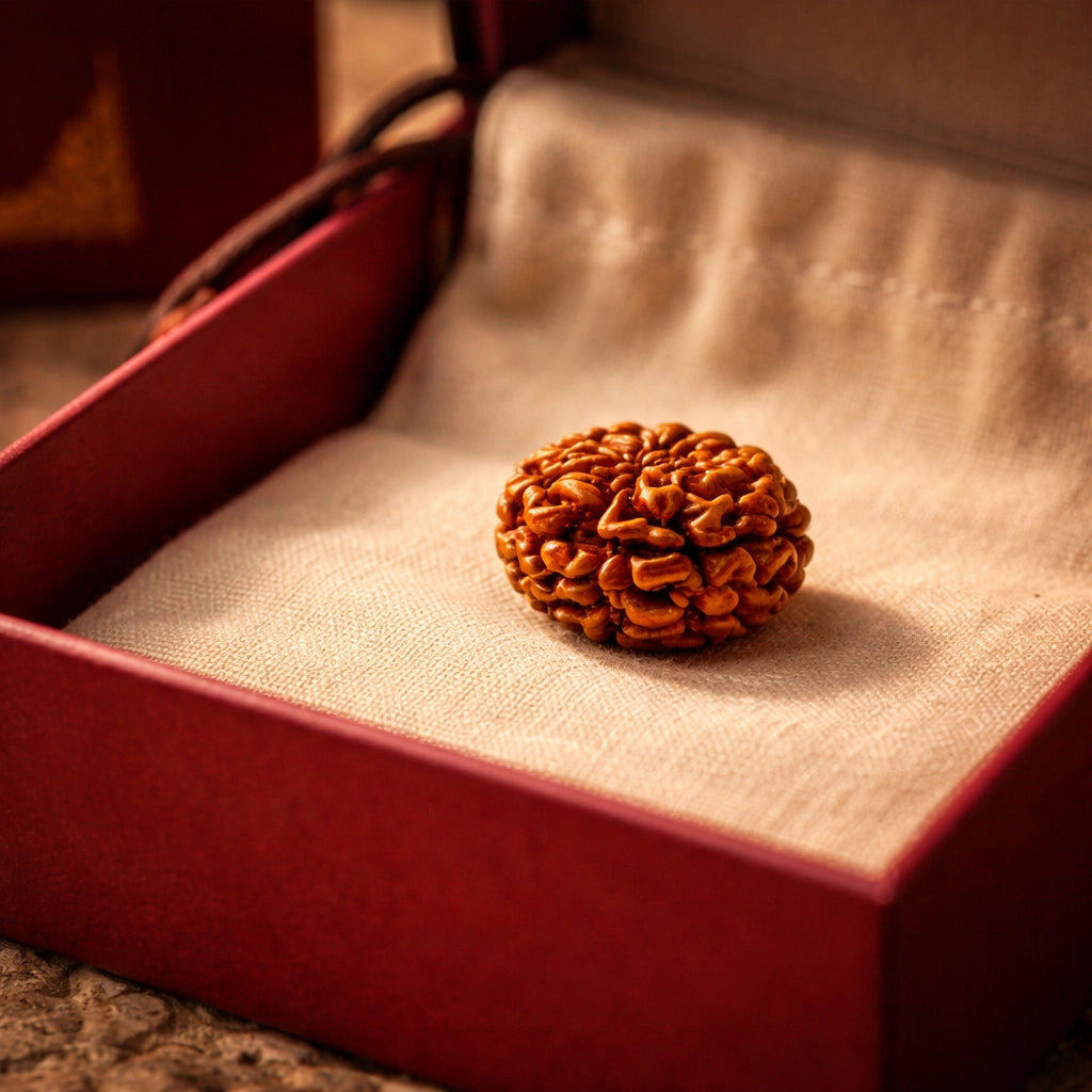 Close-up of a Rudraksha bead placed inside a maroon 'RUDRM' box on a beige fabric cushion, highlighting its detailed texture and spiritual significance.