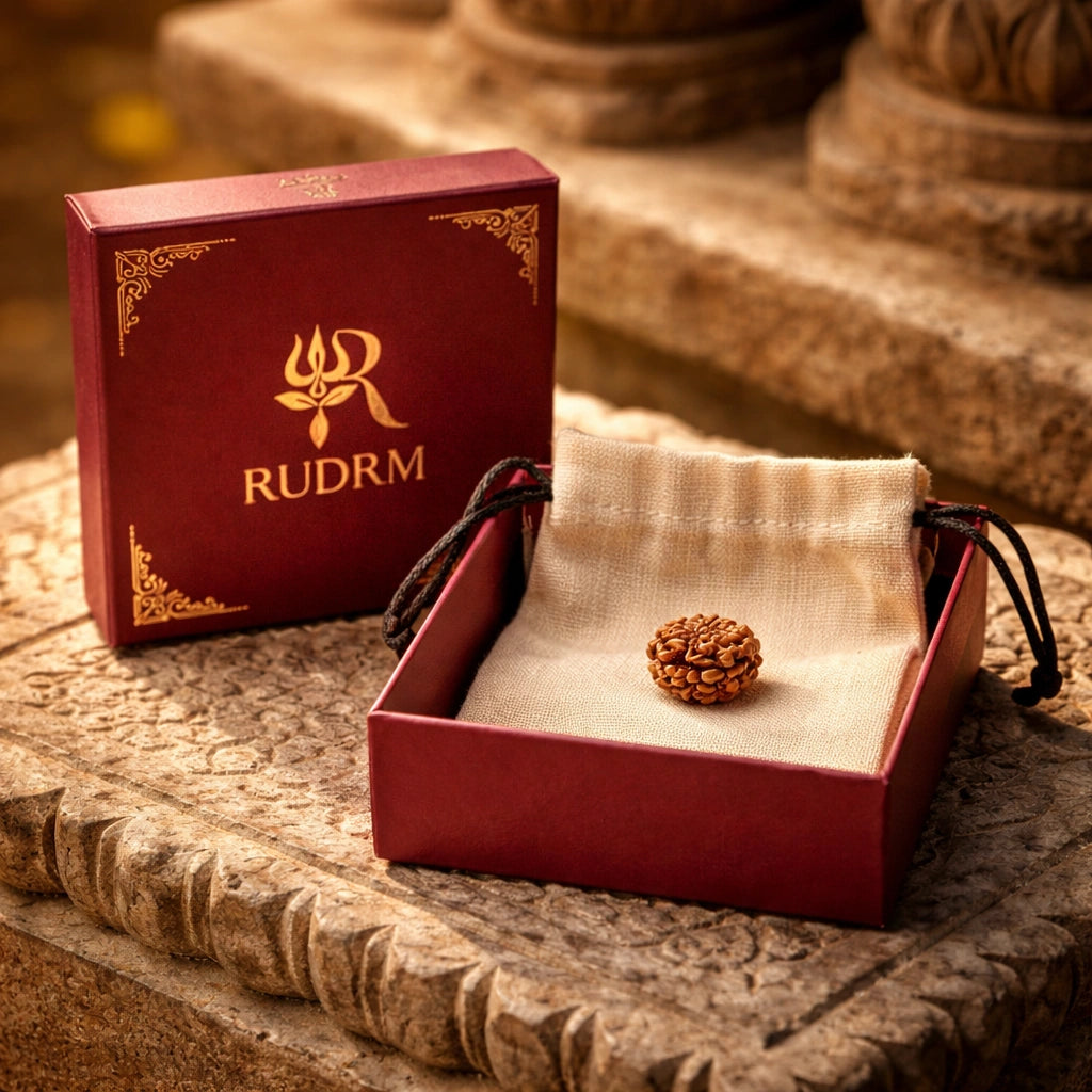 Rudraksha bead placed inside a maroon 'RUDRM' box with a beige pouch, set on a stone surface with a warm, serene background, creating a spiritual ambiance.