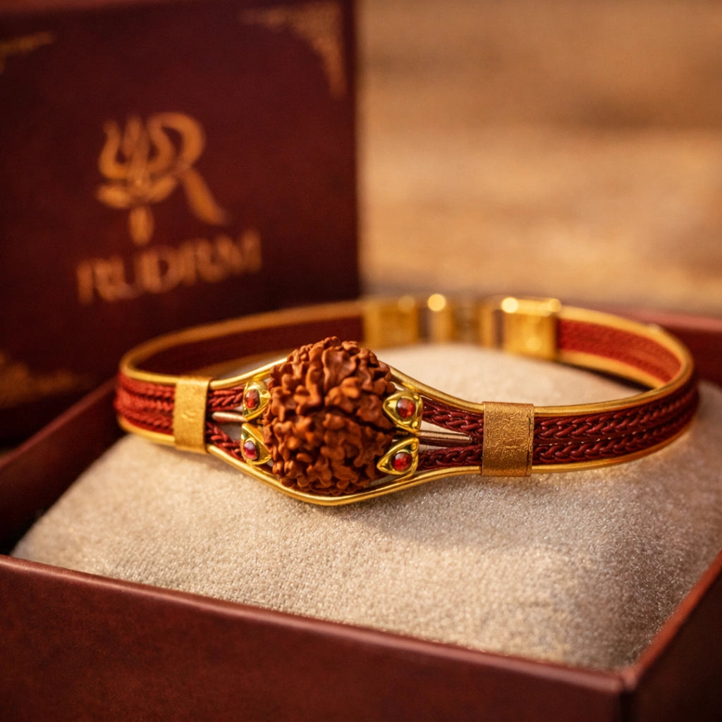 Rudraksha bracelet with a golden centerpiece, featuring colorful gemstone accents, placed inside a 'Rudrm' branded box on a soft beige cushion.
