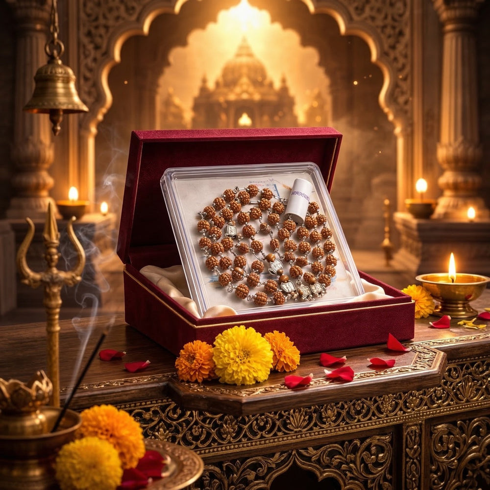 Open maroon gift box displaying a rudraksha mala set with silver accents, placed on an ornate temple-style table with marigold flowers, lit diyas, incense smoke, and a trishul in the foreground.