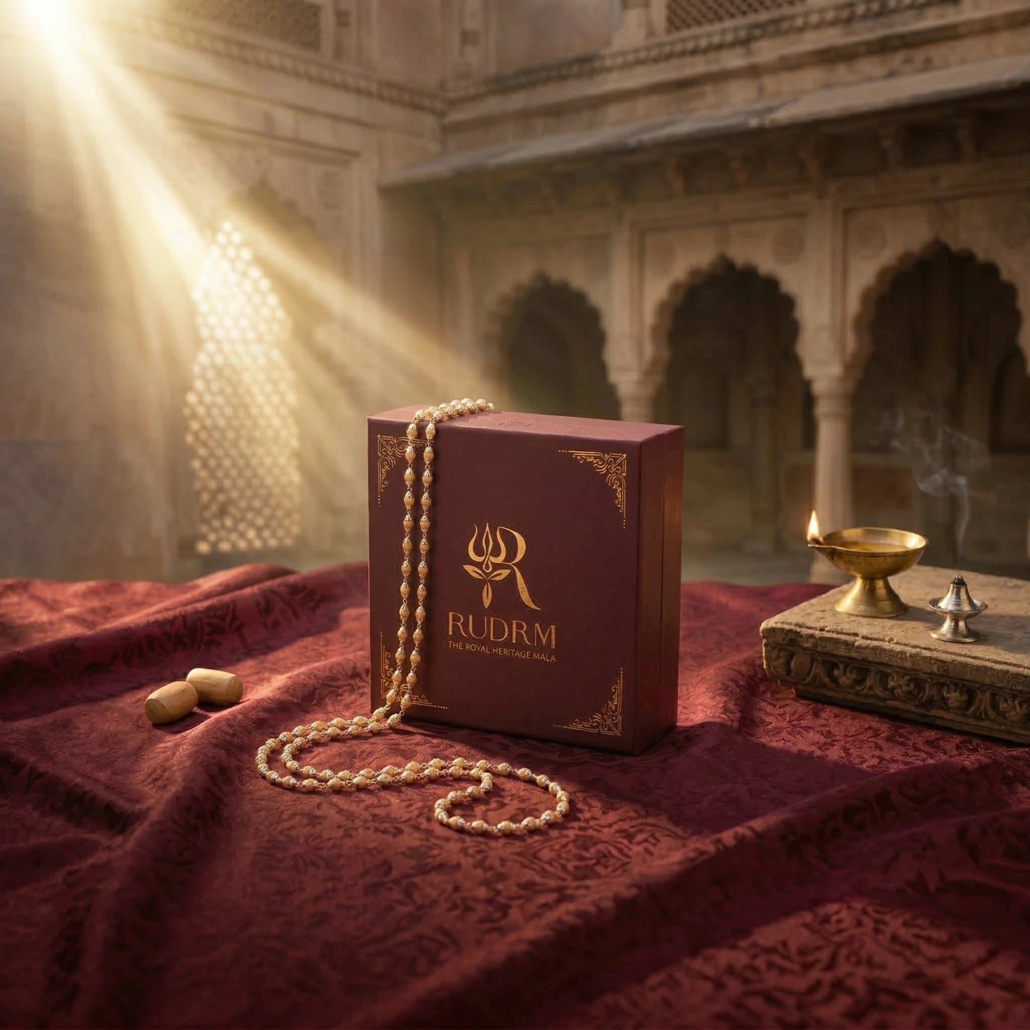 "Rudraksha mala draped over a 'Rudrm' branded box with a golden diya and incense holder, set on a maroon textured fabric with sunlight streaming through an archway in the background."