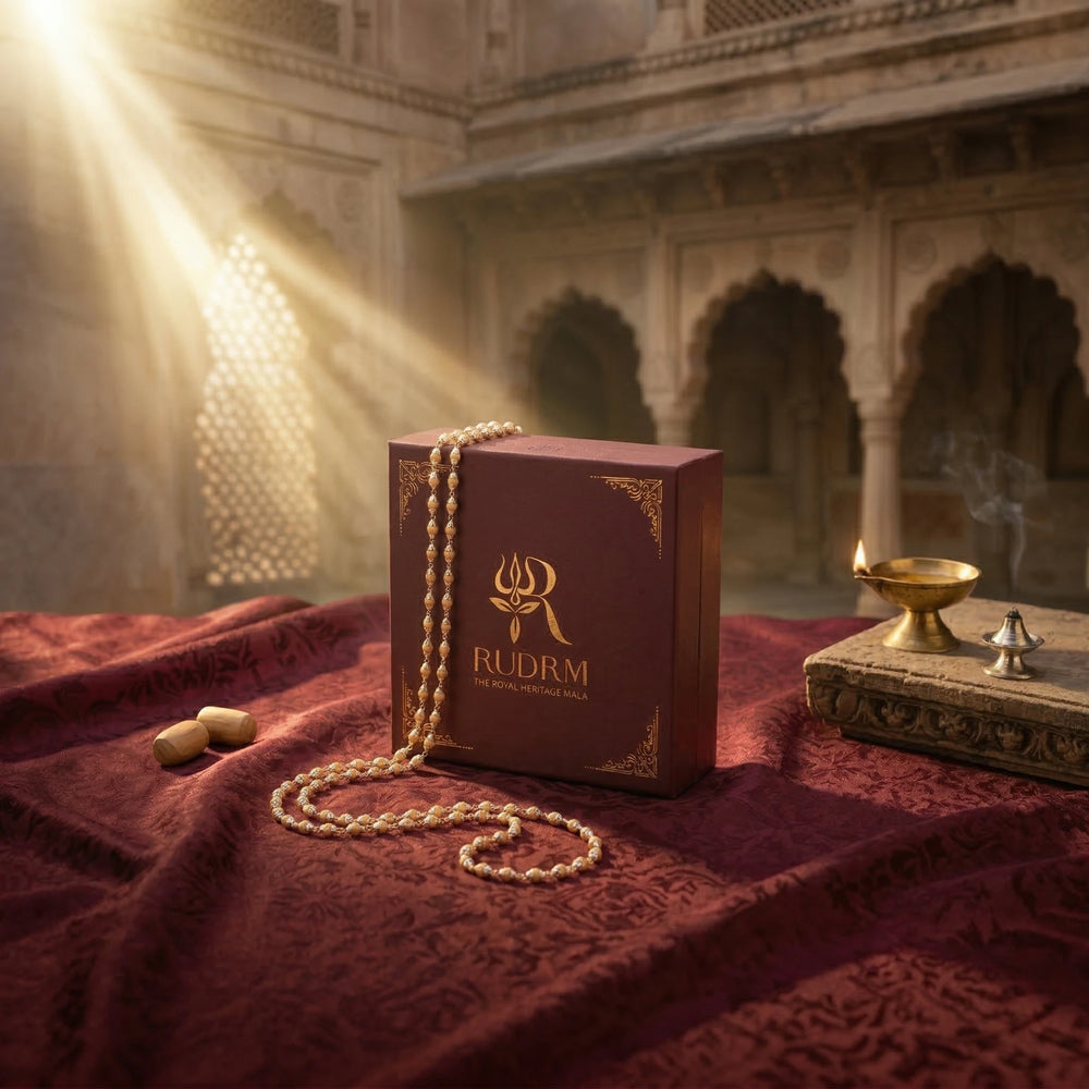 "Rudraksha mala draped over a 'Rudrm' branded box with a golden diya and incense holder, set on a maroon textured fabric with sunlight streaming through an archway in the background."