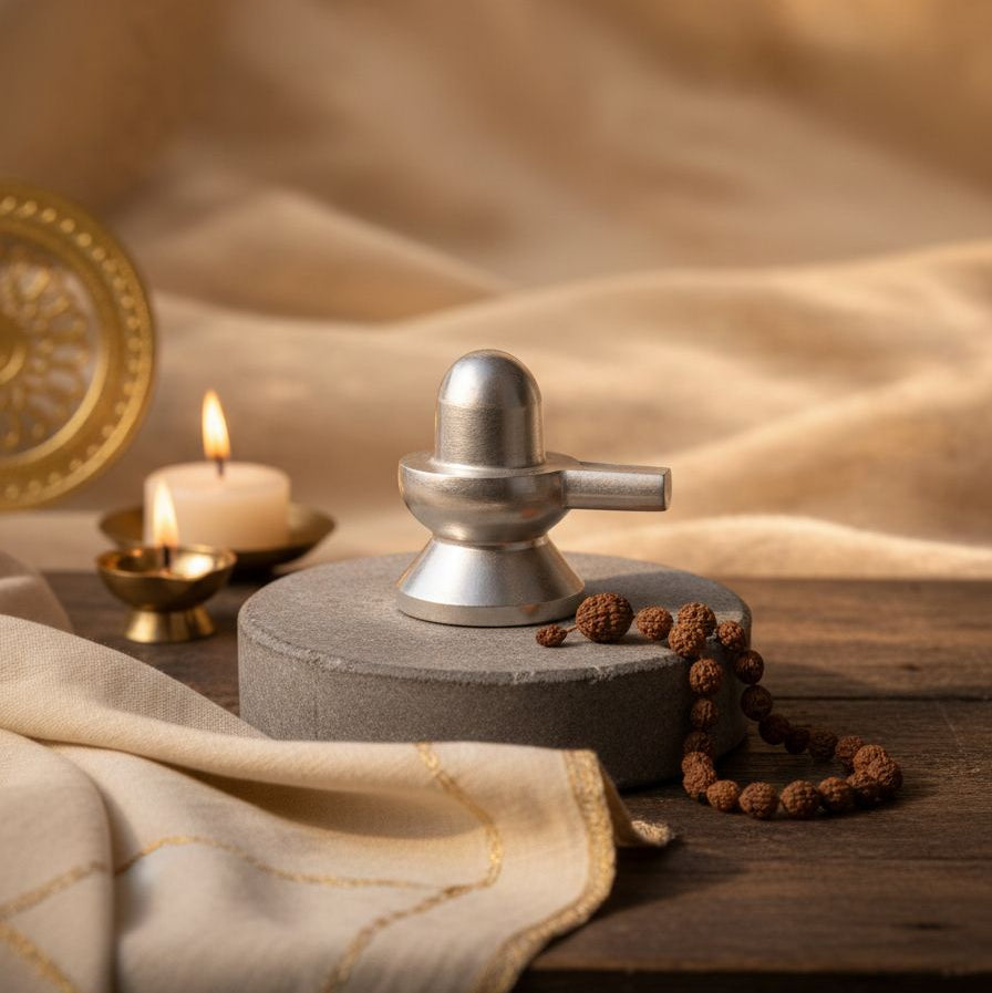 Shiva Lingam in a metallic finish placed on a stone base, surrounded by a rudraksha mala, lit diyas, and a beige cloth with golden accents, set against a soft, neutral background.